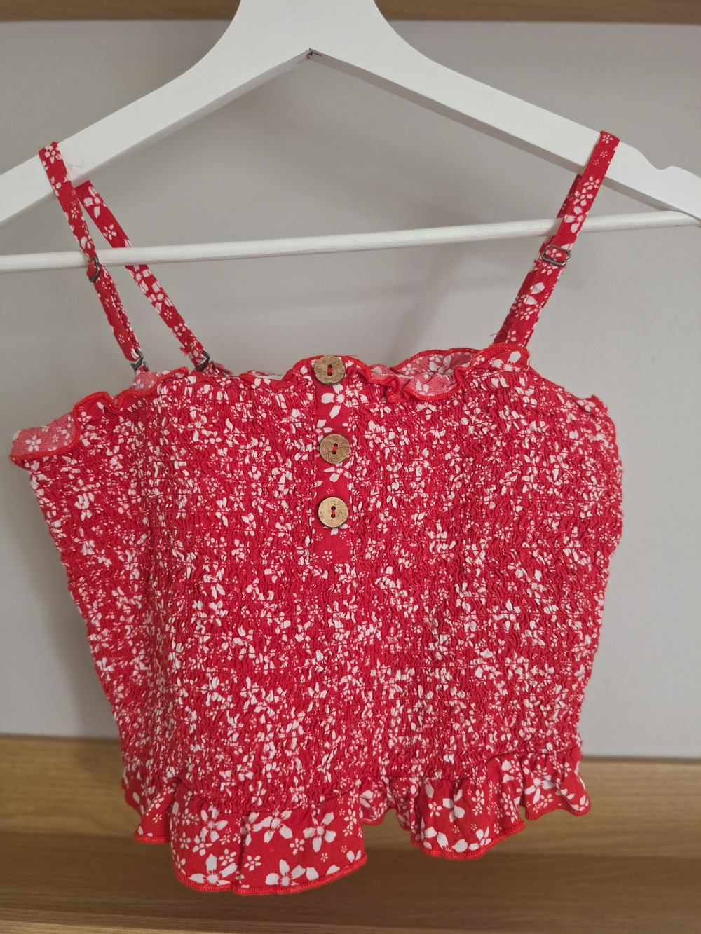 Roxy Red and White Floral Smocked Cami with Wooden Buttons